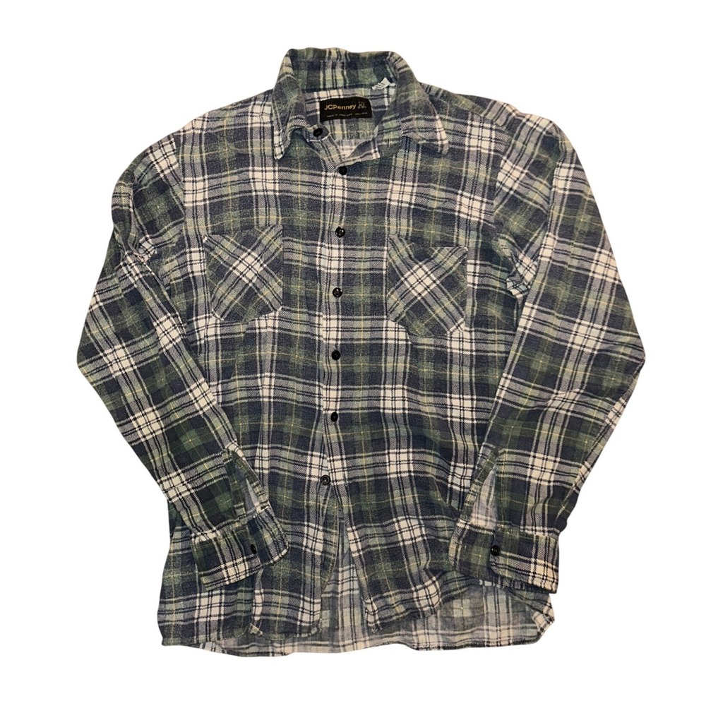 Vintage JCPenney Plaid Flannel Shirt Mens Medium Tall Blue Green Long Sleeve MT
